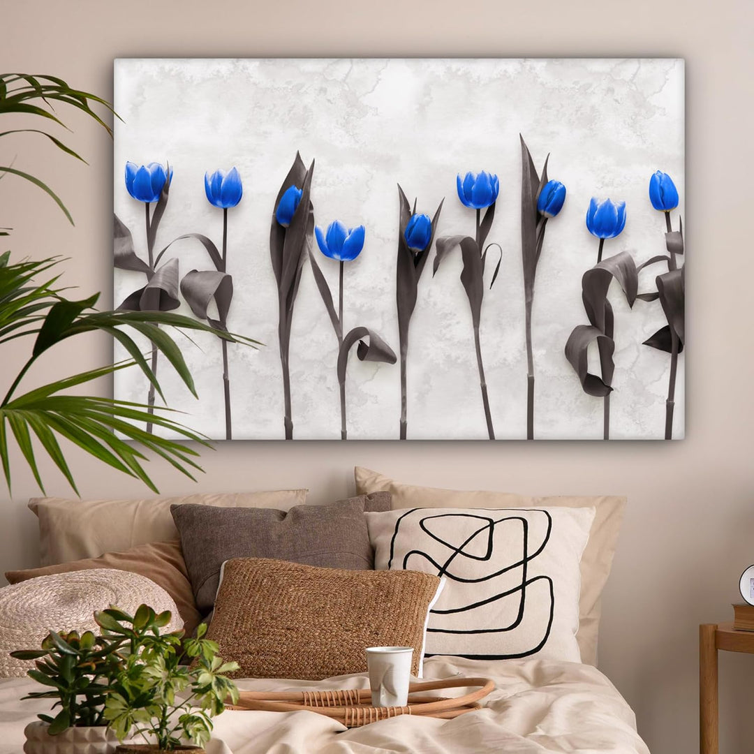 MuchoWow Leinwand Bilder, Einzigartige Wanddeko mit Rahmen, Blumen - Tulpen - Blau, Wandbilder Wohnz