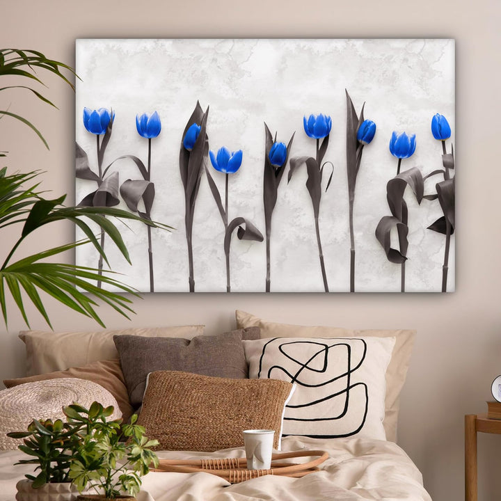 MuchoWow Leinwand Bilder, Einzigartige Wanddeko mit Rahmen, Blumen - Tulpen - Blau, Wandbilder Wohnz
