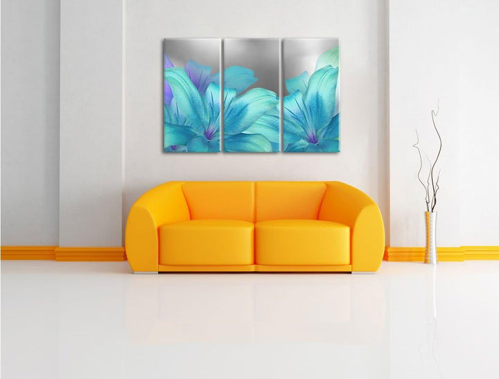 Pixxprint türkise Lilien als Leinwandbild | Grösse: 3 Teilig (120x80) | Wandbild| Kunstdruck | ferti