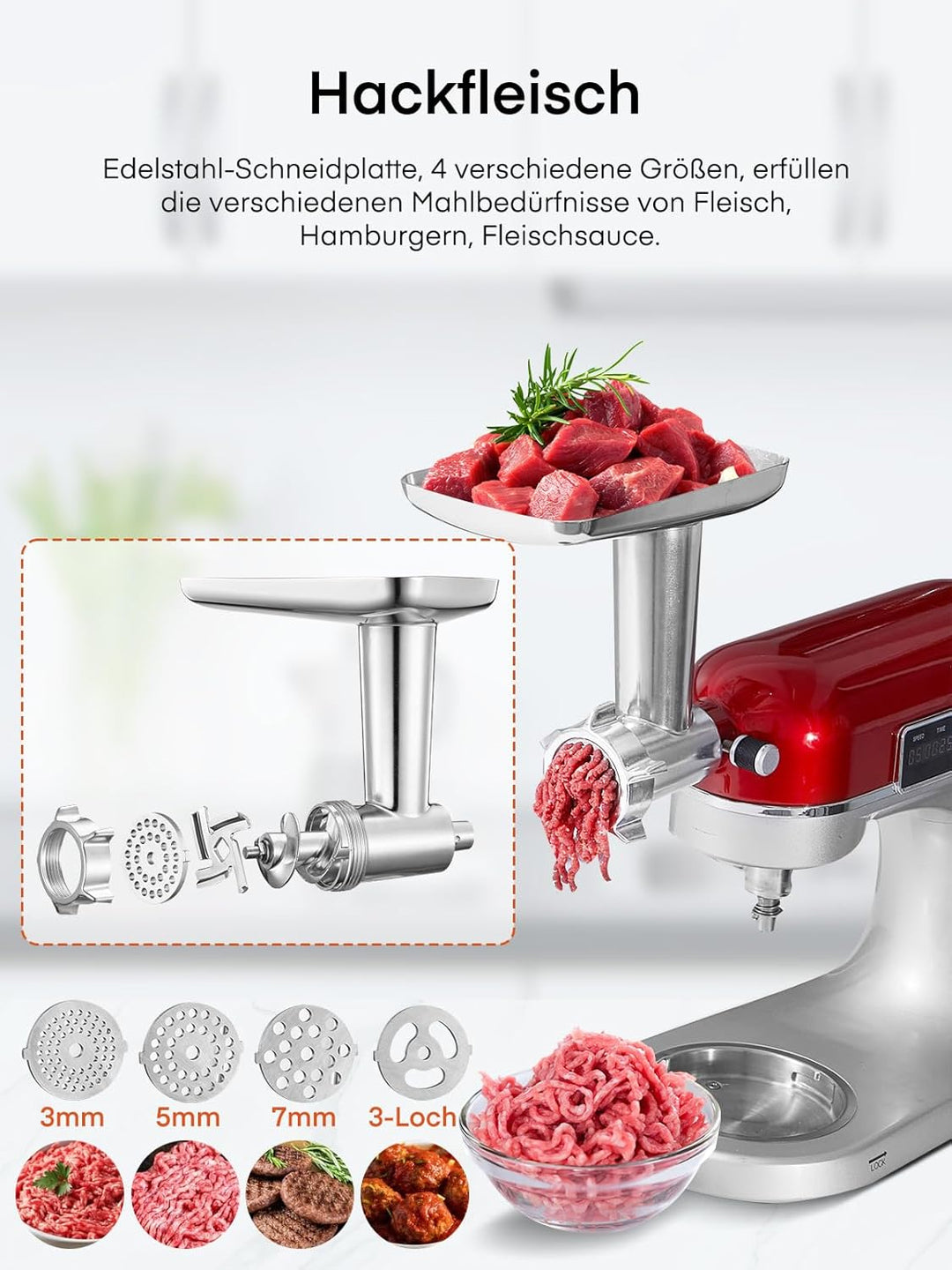 FOHERE Edelstahl Fleischwolf Aufsatz für Kitchenaid Zubehör, Standmixer, Fleischwolf Zubehör Inklusi