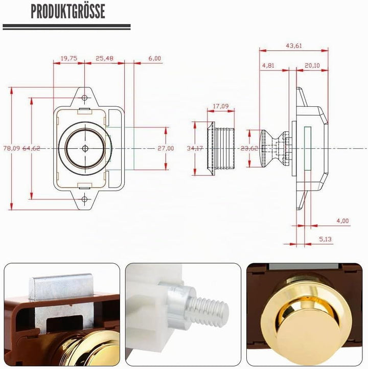 10 Stück Push Button Catch Door Lock Türknauf Verriegelung Druckknopfverriegelung passend für 15-18