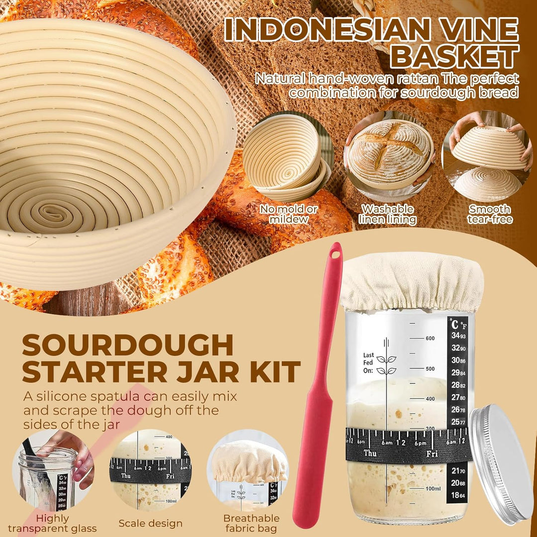 11-teilig Gärkorb Brot Set, Sauerteig Starter Set, Gärkörbchen Rund 25cm, Brot Backen Zubehör, 730ml