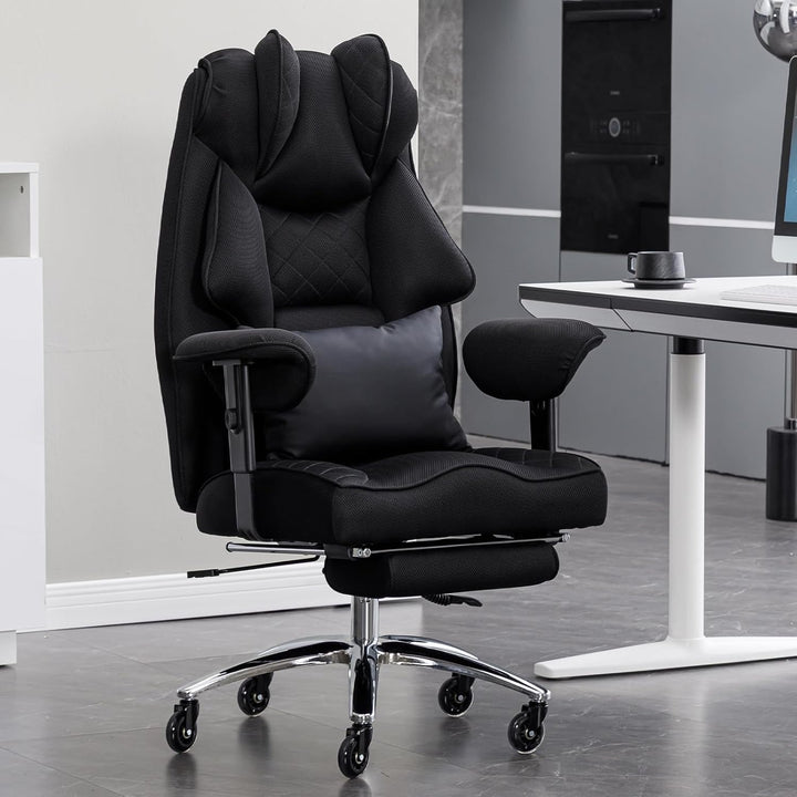 Ergonomischer Bürostuhl 200kg, Chefsessel mit Fussstütze, Schreibtischstuhl mit Lendenkissen, Bequem