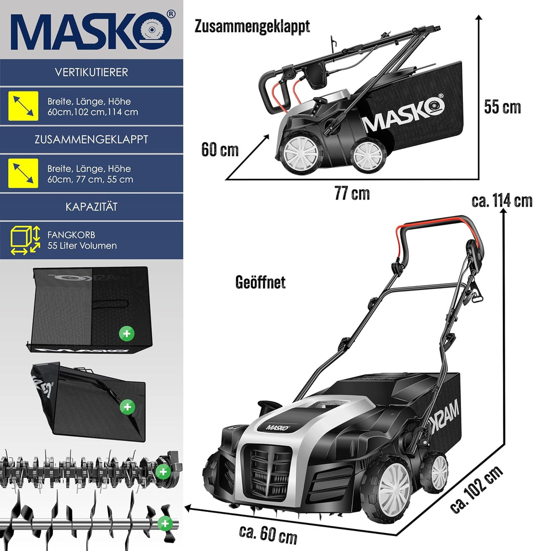 MASKO® - Elektro 2in1 Vertikutierer Rasenlüfter 1800 Watt 40cm Arbeitsbreite 55L Fangkorb inkl. Lüft