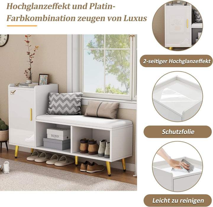 Merax Schuhschrank mit Sitzbank, Schuhbank mit Stauraum, Weisse Hochglanz-Schranktür, gepolsterter S