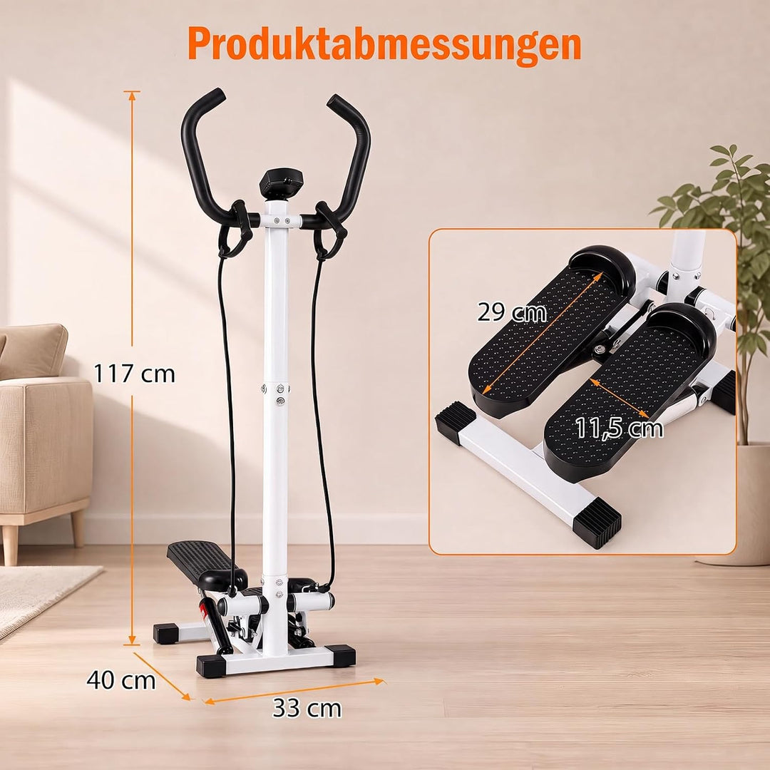COSTWAY Mini Stepper mit Lenker, leise &amp; rutschfest | Fitness-Stepper mit Widerstandsbändern &amp; LCD D