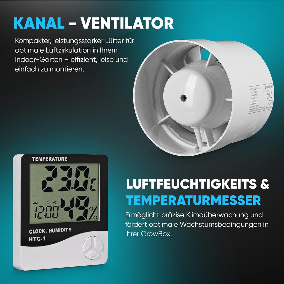 Growbox Komplettset – Indoor Gewächshaus mit 150W Vollspektrum LED Lampe (Dimmbar), 1680D, Carbon-Fi