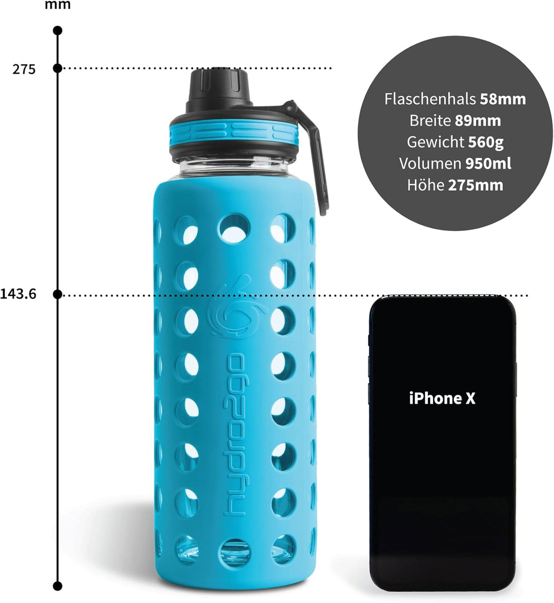 hydro2go® Trinkflasche aus Glas mit Silikonhülle 950 ml - spülmaschinenfest | 2 auswechselbare Decke