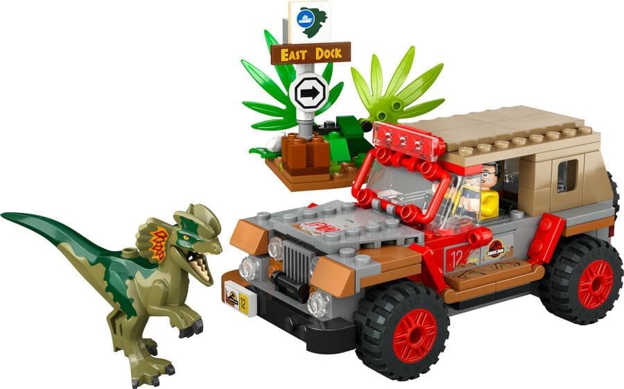 LEGO 76958 Jurassic Park Hinterhalt des Dilophosaurus, Dinosaurier Spielzeug Set mit Figur und Jeep