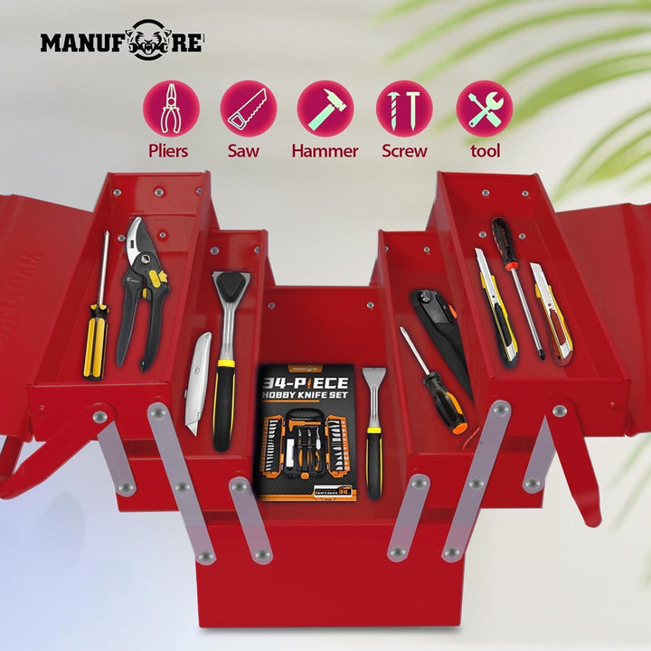 MANUFORE Leere Werkzeugkiste aus Metall, 3 Lagig Profi Werkzeugkasten mit 5 Fächern, L42 x B21,5 x H