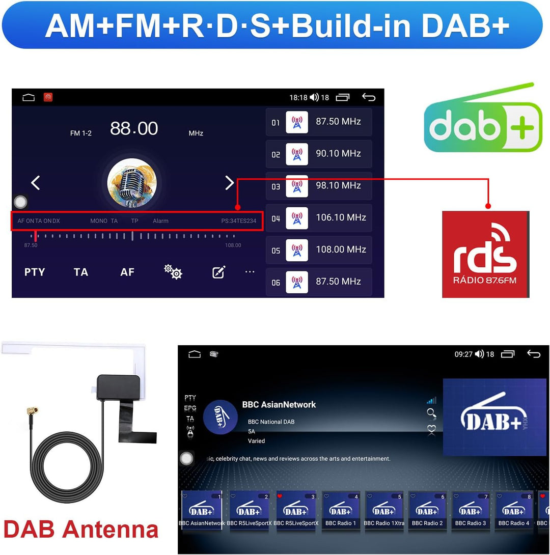 Android Autoradio mit Navi 10.1 Zoll Bildschirm Eingebaut DAB+ Android Auto & Wireless Carplay Doppe