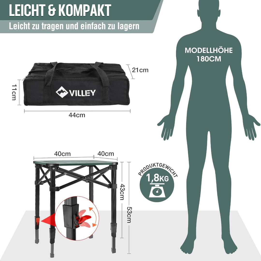 VILLEY Aluminium Klapptisch mit Tragetasche, klappbarer Campingtisch aus Alu, Faltbarer Balkontisch,