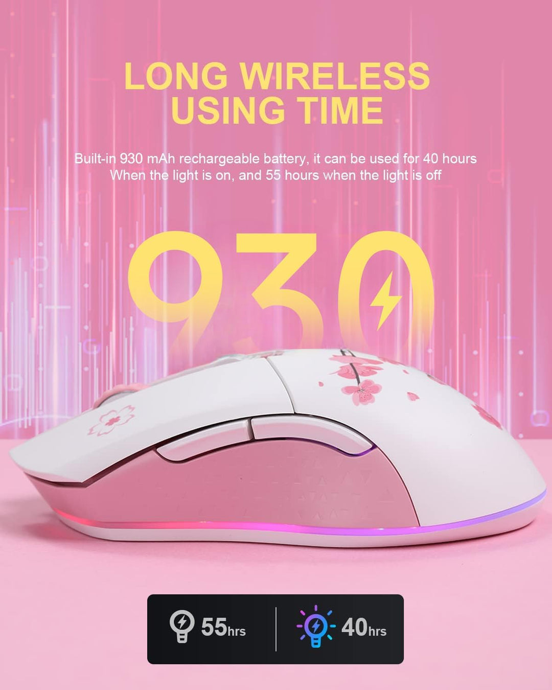 DAREU Sakura Pink Wireless Wired Gaming Mouse, Dual-Mode Wiederaufladbar, 6 Programmierbare Tasten,