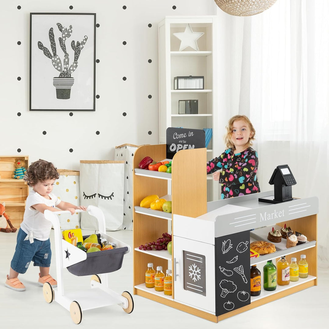 HOMASIS Supermarkt mit Einkaufswagen, Kaufladen mit Kasse, 2 Tafeln, Scanner, VIP-Karte & Rechenmasc