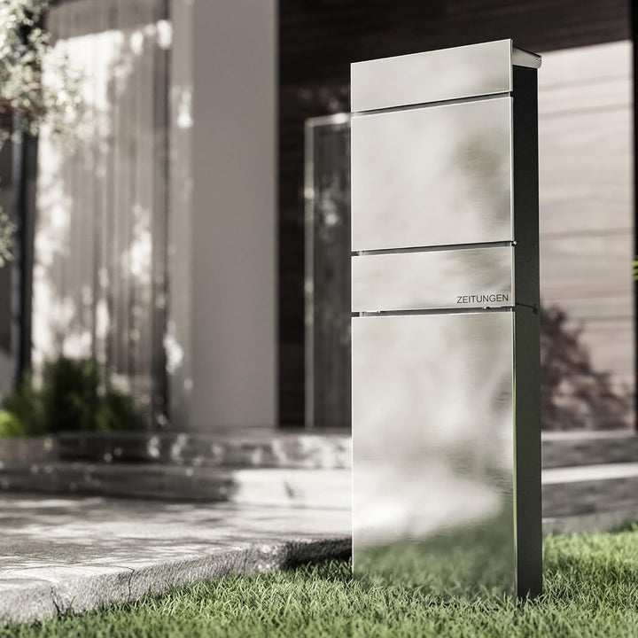 Wiltec Standbriefkasten mit Zeitungsrolle in Silberfarben 395 x 142 x 1150 mm aus Stahl, Briefkasten