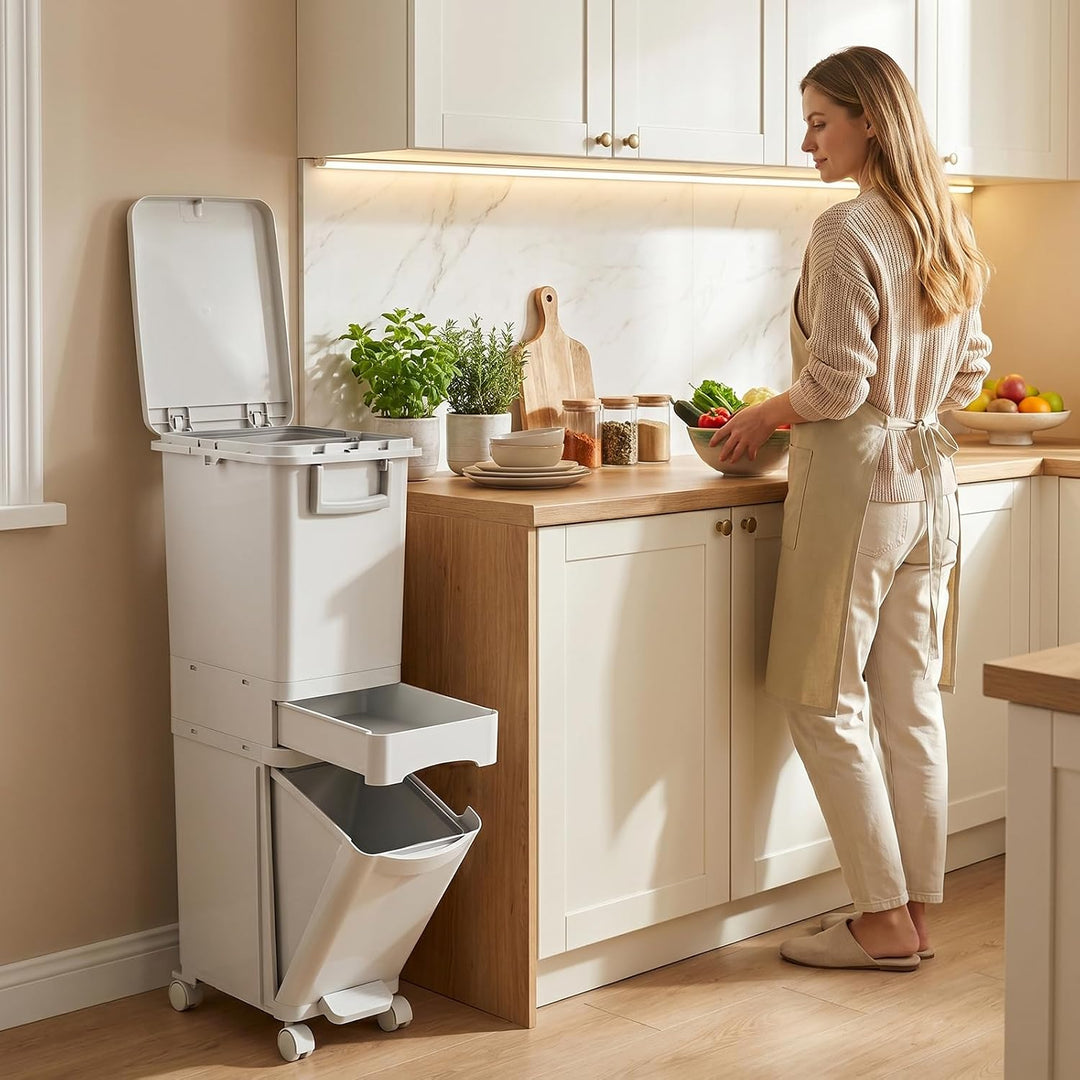 32 L Mülleimer Küche 3 Fächer, Abfalleimer mit Deckel & Pedal, Mülleimer auf Rädern, Mülltrennsystem
