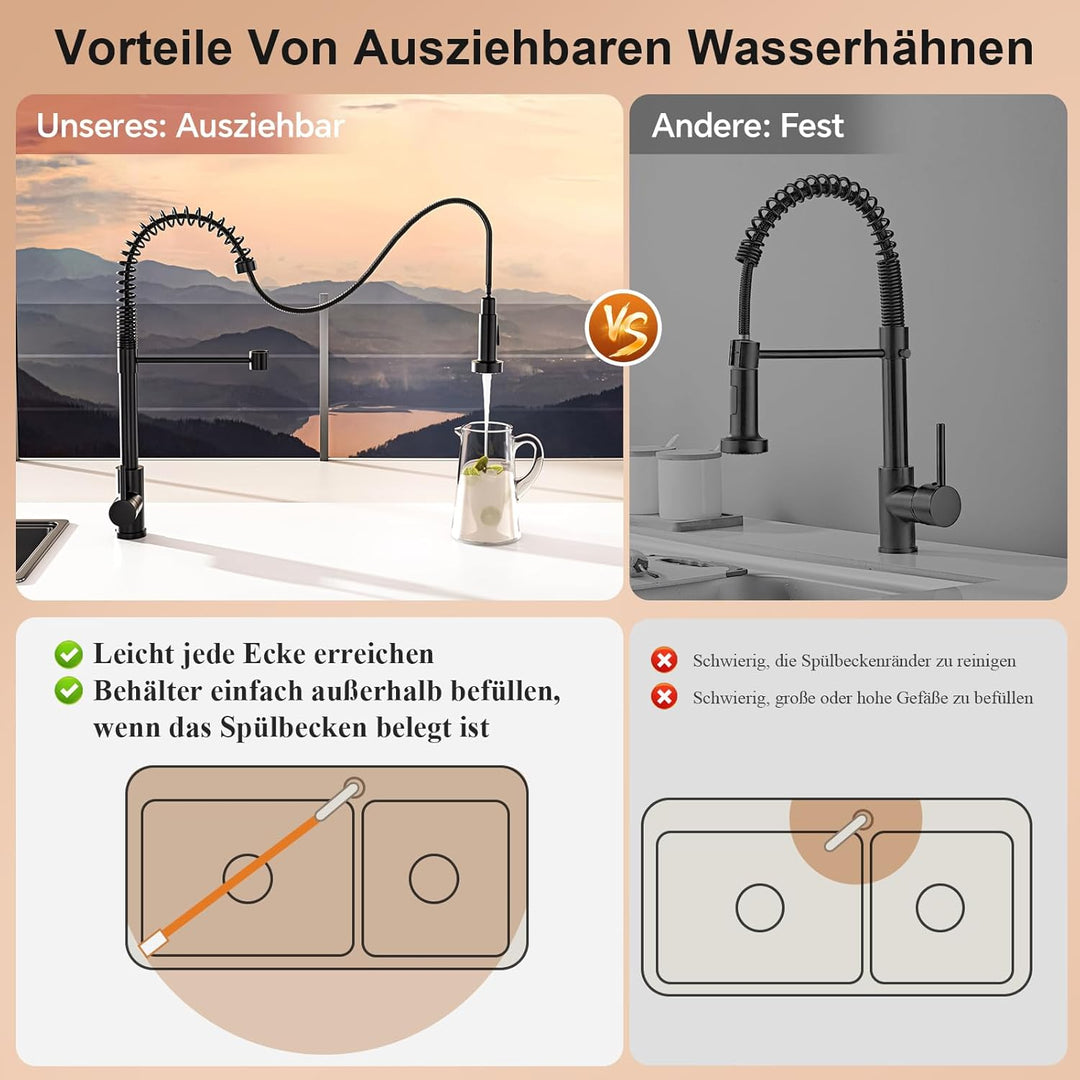 Spiralfeder Wasserhahn Ausziehbar, Hochdruck Küchenarmatur mit Brause, mit 2 Strahlarten, 360° Drehb