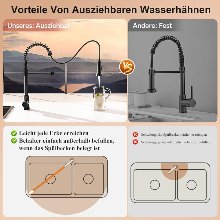 Spiralfeder Wasserhahn Ausziehbar, Hochdruck Küchenarmatur mit Brause, mit 2 Strahlarten, 360° Drehb