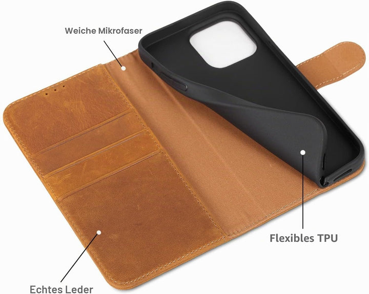 LENSUN Echtleder Hülle für iPhone 14 Pro Max, Handyhülle [Echtes Leder][Magnetverschluss][RFID Schut