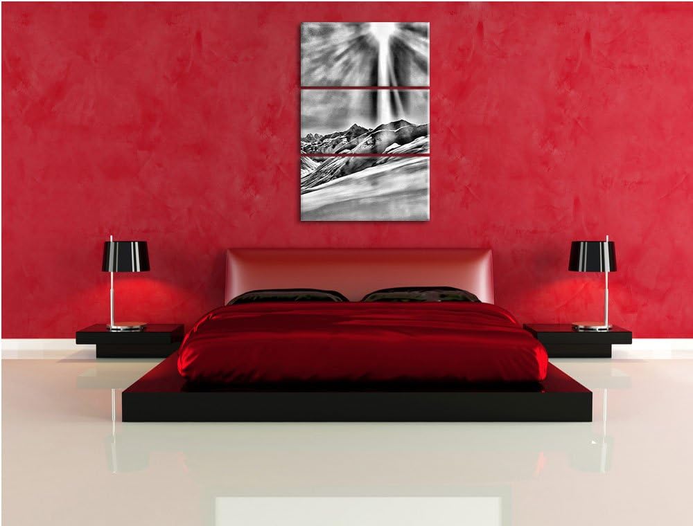 Pixxprint Monocrome, Schnee Berge 3-Teiler Leinwandbild 120x80 Bild auf Leinwand