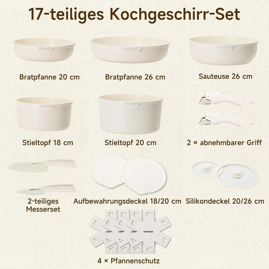 JEETEE Topf und Pfannensets mit abnehmbarem Griff 17-Teilig, Antihaft Pfanneset, Topfset Induktion,