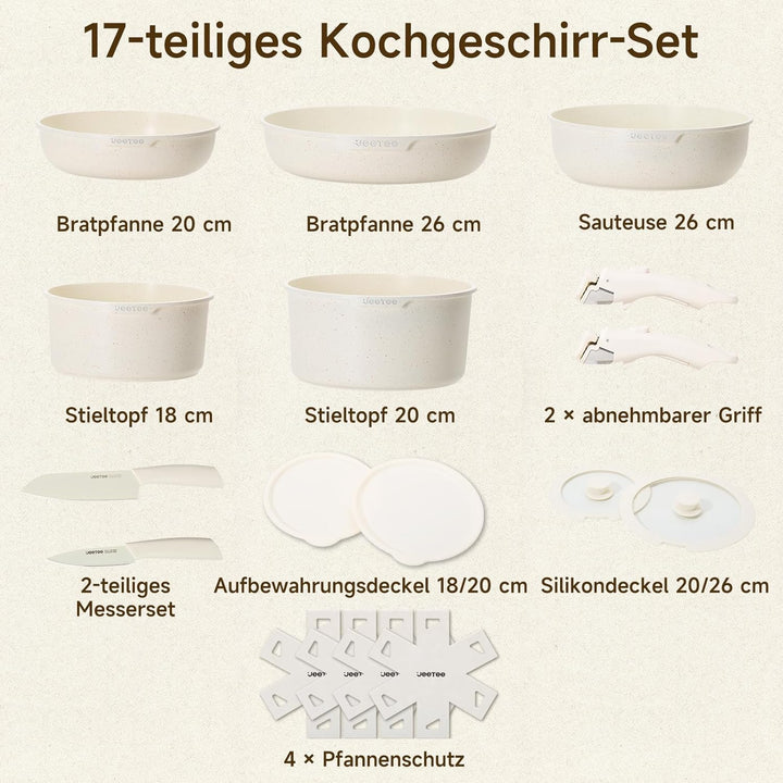 JEETEE Topf und Pfannensets mit abnehmbarem Griff 17-Teilig, Antihaft Pfanneset, Topfset Induktion,