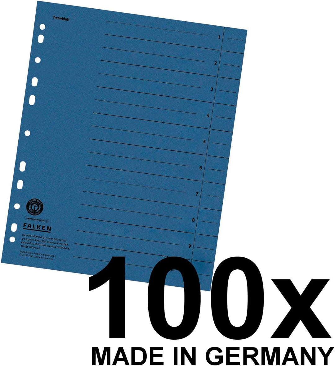 Original Falken 100er Pack Trennblätter. Made in Germany. Aus Recycling-Karton für DIN A4 blau Trenn