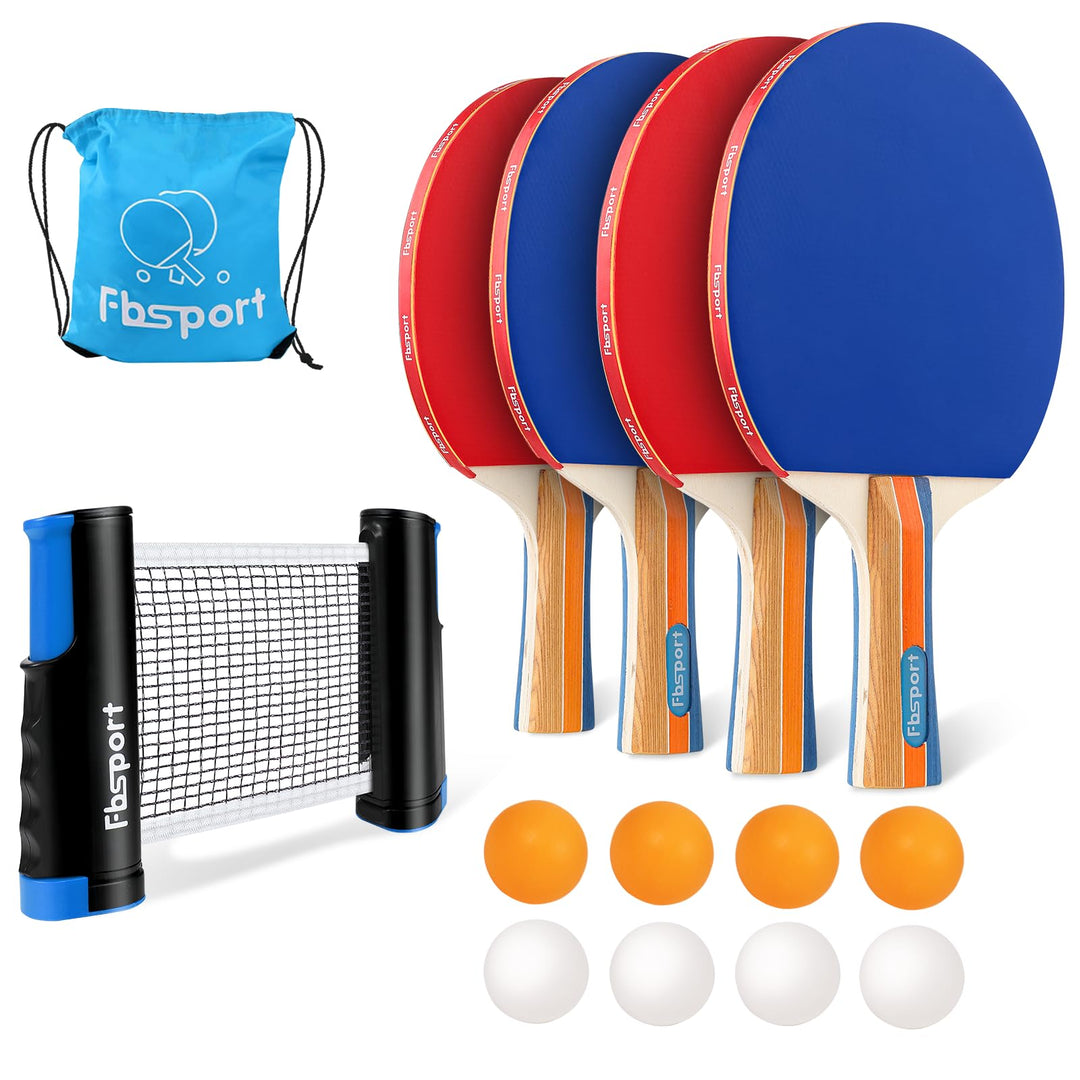 Tischtennisschläger Set Profi, Tischtennis Set mit 4 Schläger, Einziehbarem Netz, 8 Tischtennis Bäll