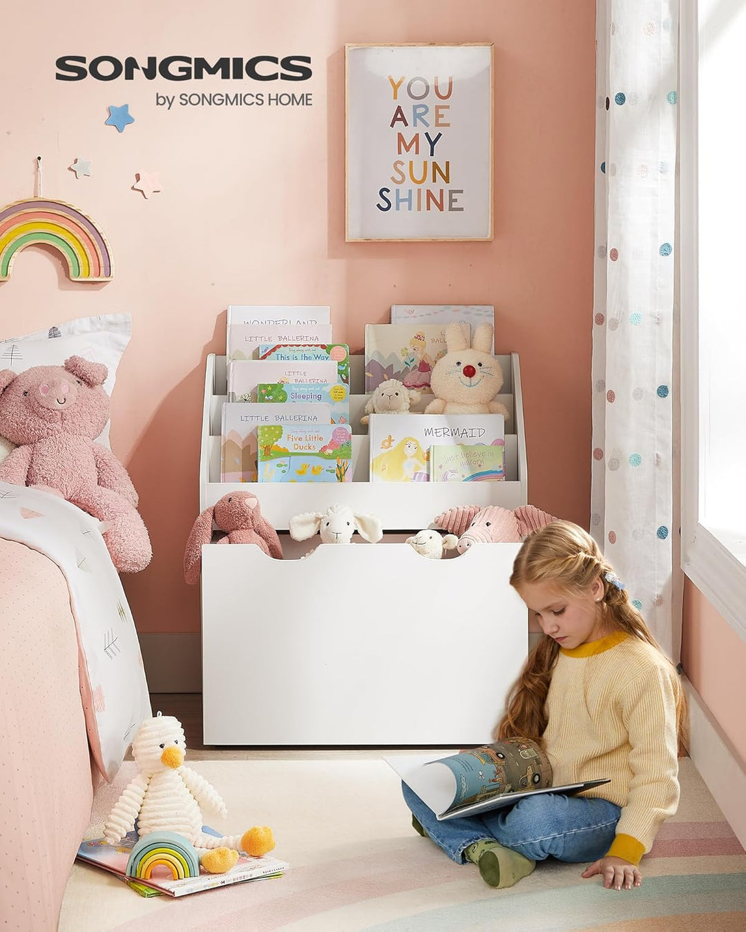 SONGMICS Bücherregal Kinder, Kinderregal, Spielzeugregal, mit 3 Regalebenen, Aufbewahrungsbox auf Ro