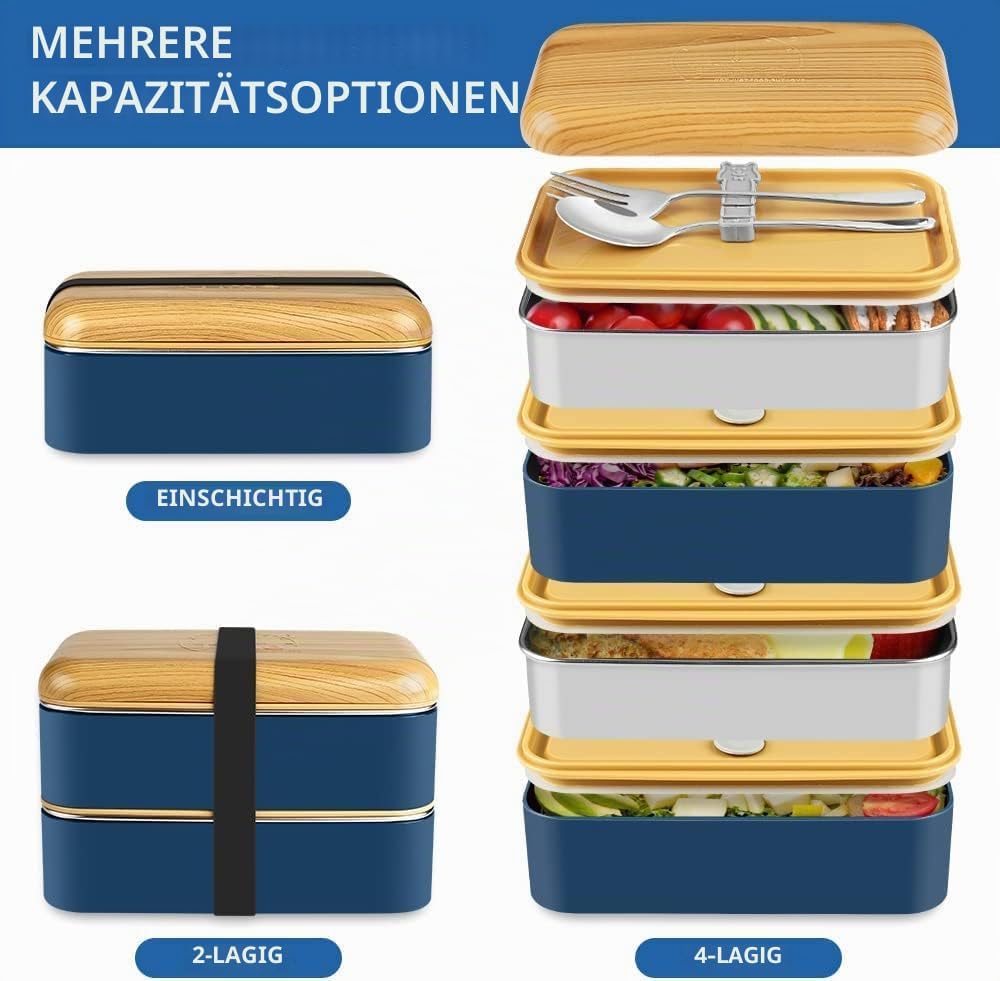 Bento Box, Lunchbox Brotdose mit Fächern 2 Ebenen mit 2 Stück Umweltfreundlichen PP & Edelstahlbehäl