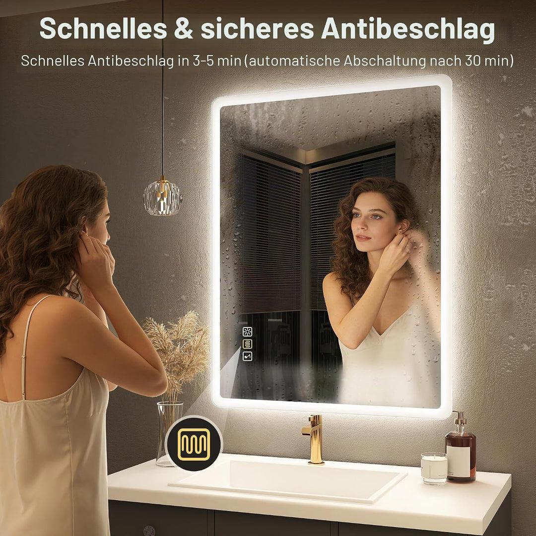 STARLEAD Badezimmerspiegel-mit-Beleuchtung 50x70cm, Dimmbar, 3 Lichtfarben, LED-Spiegel-Bad-mit-Blue