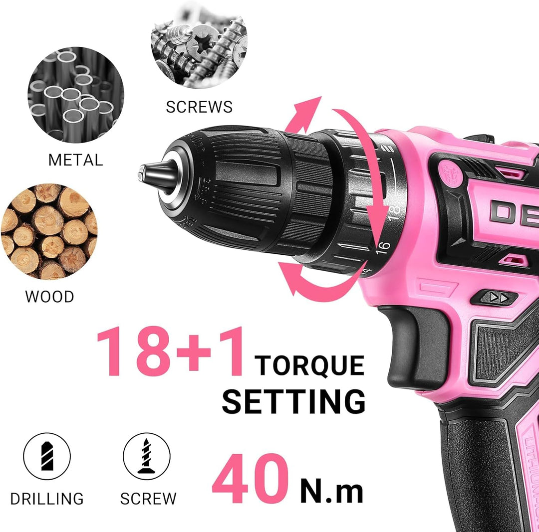 20 V Akkuschrauber für Damen:DEKOPRO 40 N.m Akku Schrauber mit Akku und Ladegerät，30 pcs Zubehör Boh