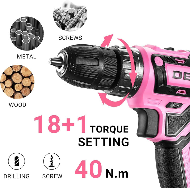 20 V Akkuschrauber für Damen:DEKOPRO 40 N.m Akku Schrauber mit Akku und Ladegerät，30 pcs Zubehör Boh