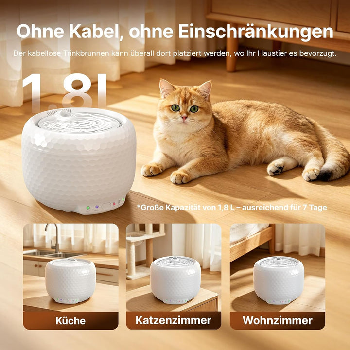 1.8L Kabellose Katzenbrunnen mit 5200mAh Akku, kabelloser Haustierbrunnen mit extrem leiser Pumpe, 2