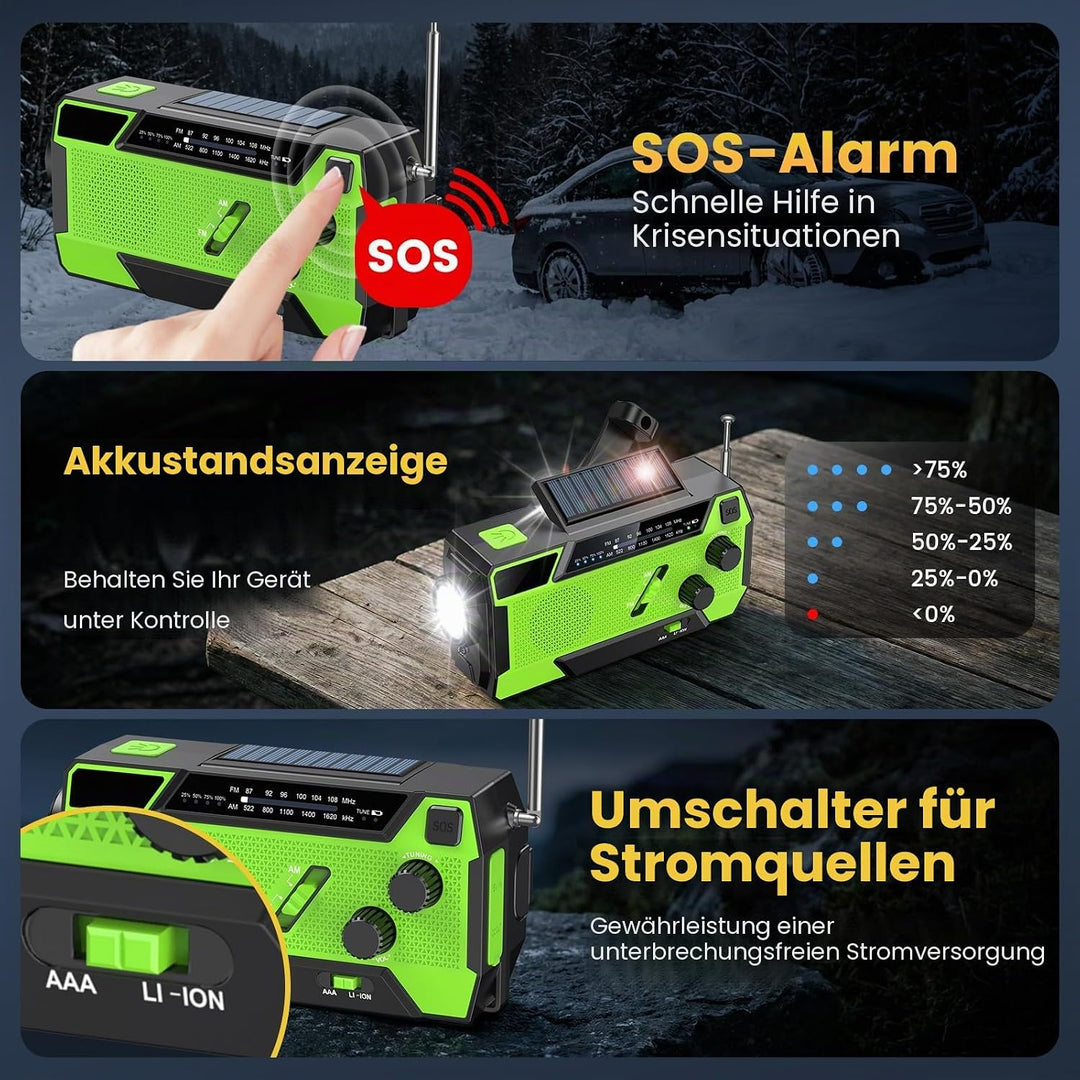 Kurbelradio, Radio mit Kurbel und Solar Notfall Ausrüstung mit 3 integrierten Kabeln, 4000mAh Notfal
