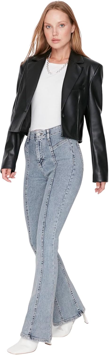 TRENDYOL Damen Herren Basic Hoher Bund Flared Jeans 34 Blau, 34 Blau