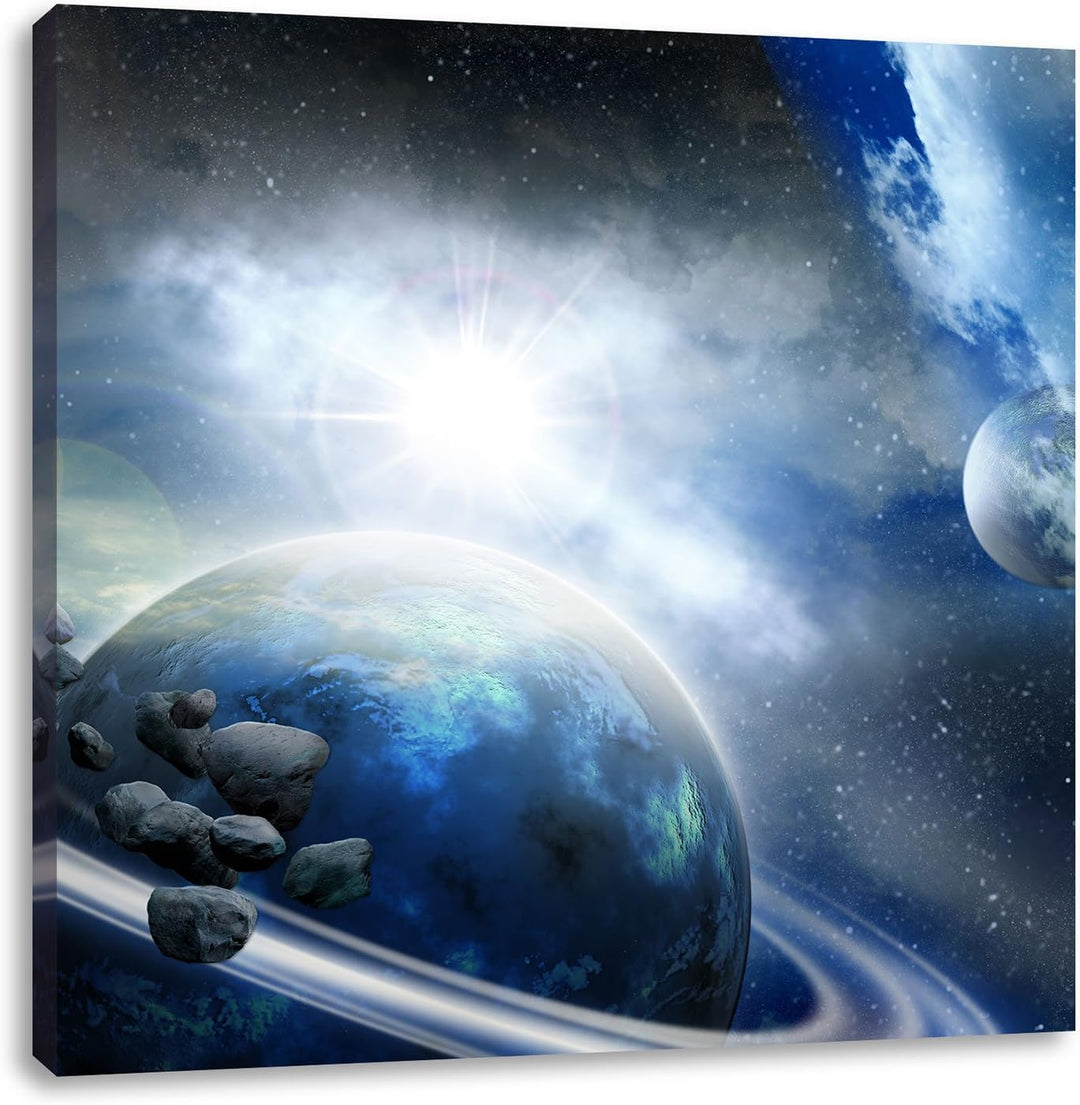 Pixxprint Planeten und Meteoriten im Weltraum, Format: 70x70 auf Leinwand, 70x70