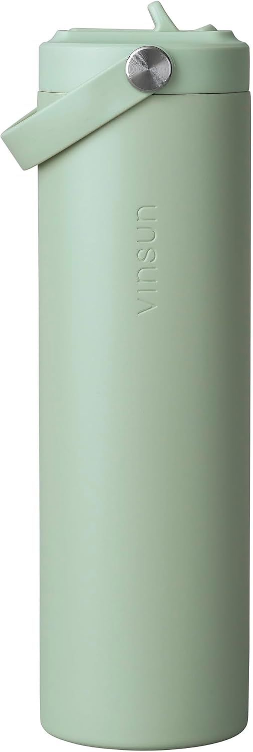 Vinsun Trinkflasche Edelstahl grün 750ml - Strohhalm &amp; Flexible Tragegriff Grün 750 ml, Grün 750 ml
