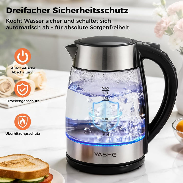 YASHE Wasserkocher mit Temperaturwahl 1,7L, 2200W Schneller Elektrischer Wasserkocher Glaswasserkoch