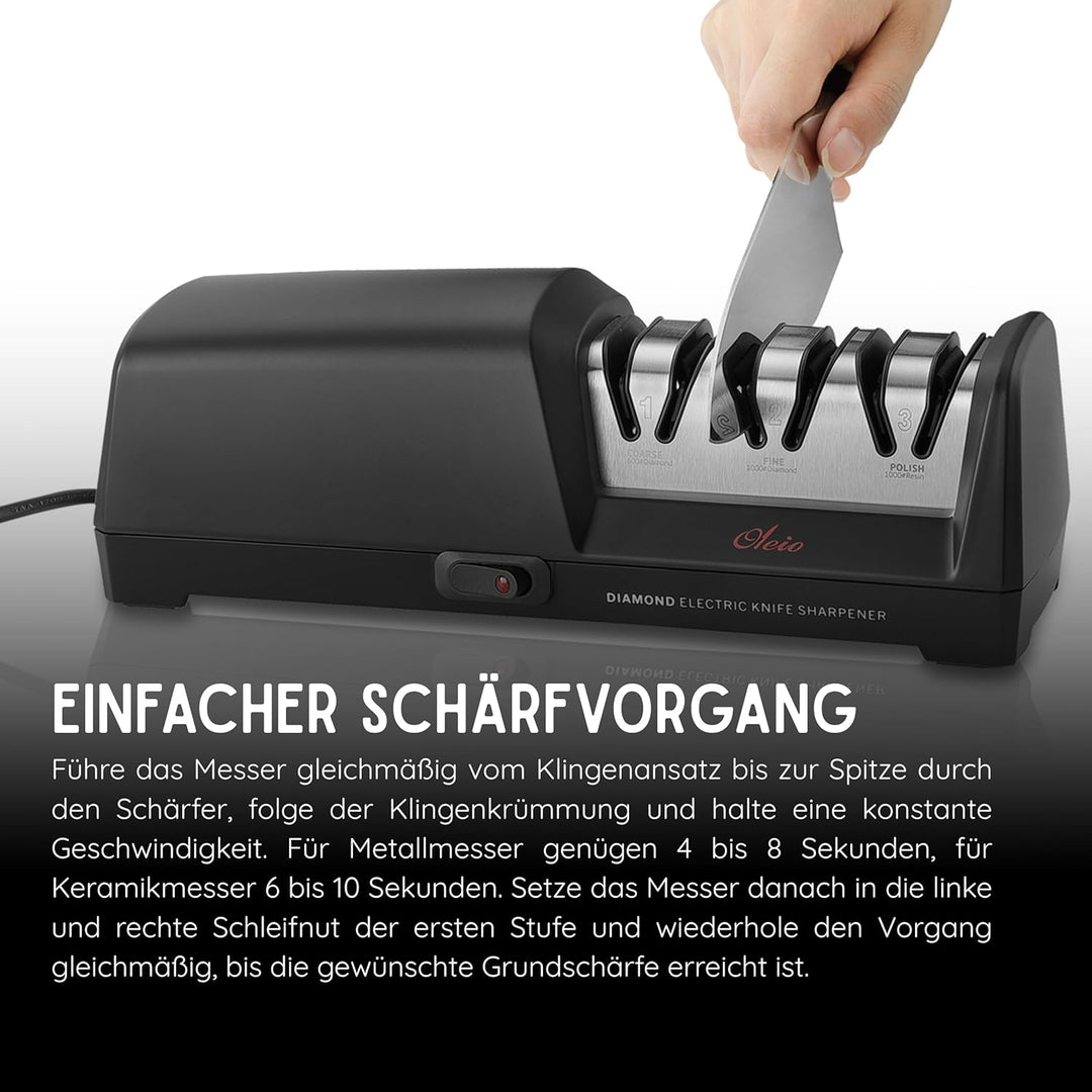Messerschärfer elektrisch - 3-Stufen Diamant Messer schärfen - Grob, Fein & Polieren - 15° Winkel -