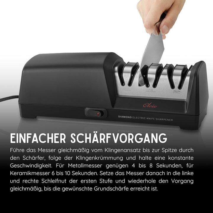 Messerschärfer elektrisch - 3-Stufen Diamant Messer schärfen - Grob, Fein & Polieren - 15° Winkel -