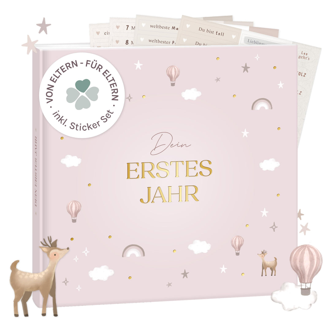 mintkind® Mein erstes Jahr Babyalbum Pattern Rosa – sanftes Babytagebuch mit 176 Seiten und Sticker-