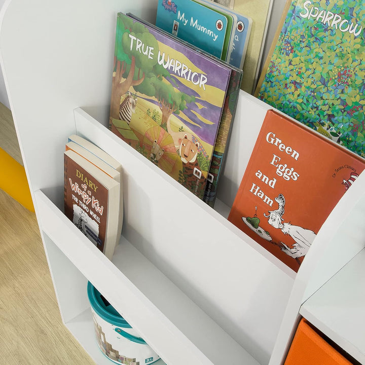 SoBuy KMB37-W Kinder Bücherregal Kinderregal mit 5 Ablagefächern und 2 Stoffboxen Spielzeugregal Auf