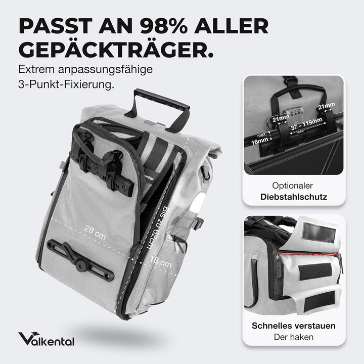 Valkental® - 3in1 Fahrradtasche Pro - Das Original - Hochwertiges Nylon - 23L Volumen - Geeignet als
