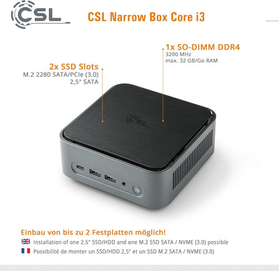 Mini PC CSL Narrow Box Core i3 Windows 11 Home, Intel Core i3-N305 8X 3800 MHz Turbotakt, 500 GB M.2