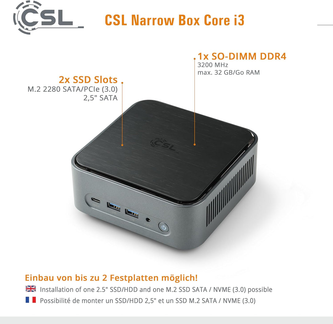 Mini PC CSL Narrow Box Core i3 Windows 11 Home, Intel Core i3-N305 8X 3800 MHz Turbotakt, 4000 GB M.