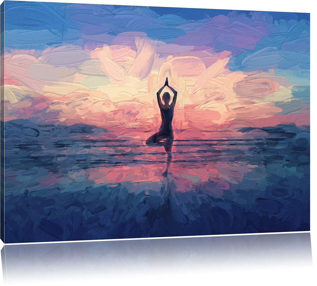 Pixxprint Yoga am Strand Kunst als Leinwandbild/Grösse: 100x70 cm/Wandbild/Kunstdruck/fertig bespann