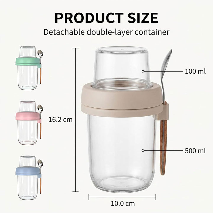 4er Set Overnight Oats Gläser mit Deckel & Löffel – 16oz Müslibecher & 4oz Snack-Box, Doppelkammer J