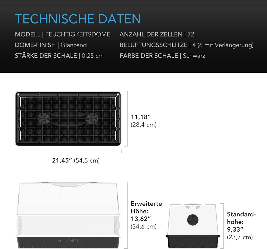 AC Infinity Feuchtigkeitskuppel, Keimset mit grosser glänzender Oberfläche, transparenter Kuppel, st