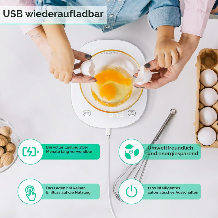 arboleaf Küchenwaage digital mit app 10kg/0,5g, Kalorien Waage USB aufladbar Lebensmittelwaage mit K